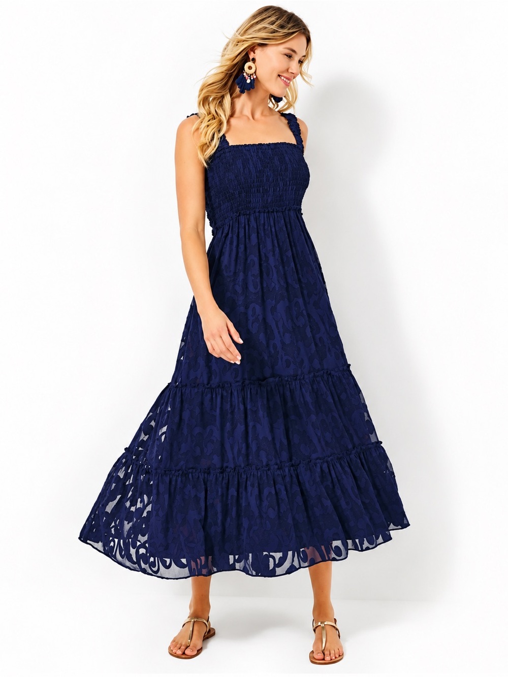 🌺 Lilly Pulitzer Hadly Smocked Maxi Dress True Navy